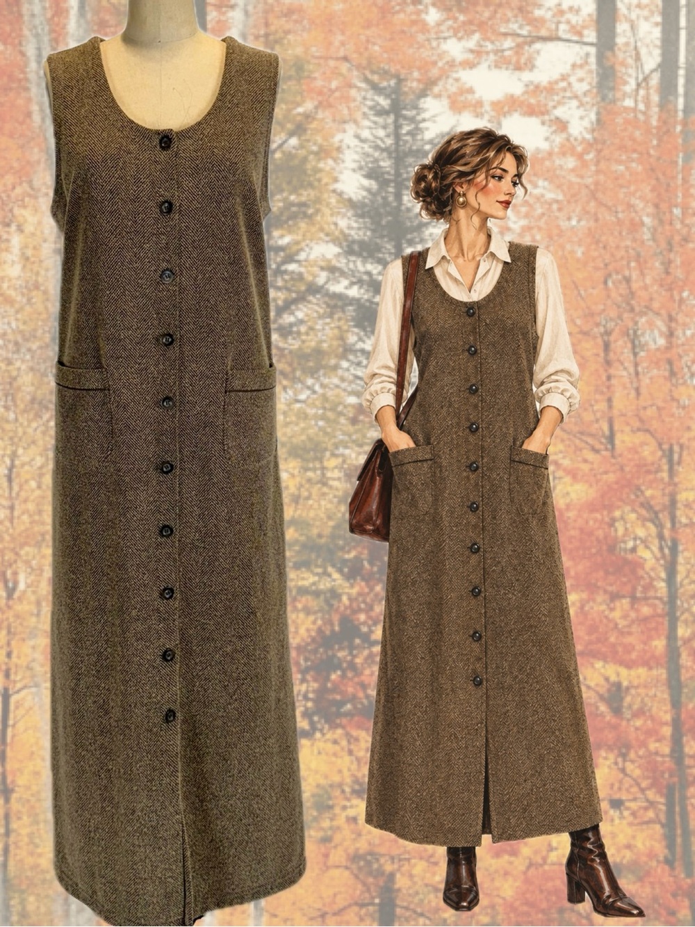 VINTAGE herringbone dress maxi sleeveless jumper button front earthy tweed 90s